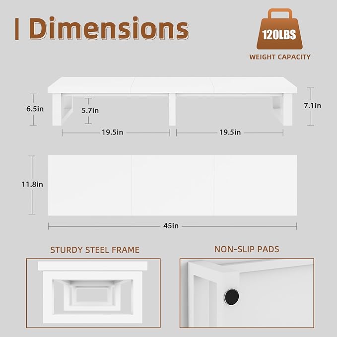 45" Large TV Riser for 32-60 inch TV, TV Riser Stand Shelf with Steel Legs, Tabletop TV Stand Riser for Home Office,White