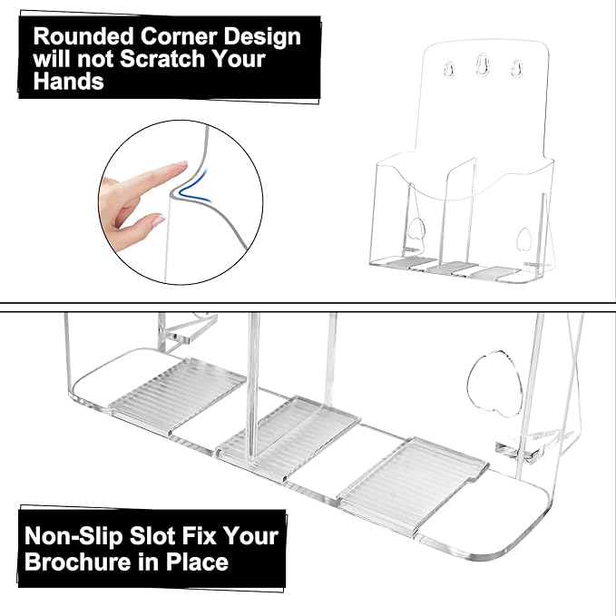 2 Pack Acrylic Brochure Holder 8.5 x 11 in with Business Card Holder, 1-Tier Brochure Display Stand with Removable Divider for 4 x 9 Inches Trifold Pamphlets, Clear Flyer Holde