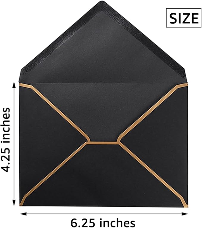 50 Pack A4 Envelopes Black 4x6 Self-Adhesive V Flap Envelopes with Gold Border for Office, Wedding Gift Cards, Invitations, Graduation, Baby Shower, Parties (4.25x6.25 inches)