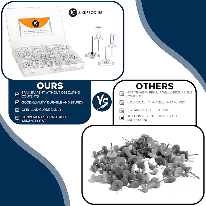 150 Pack Assorted Clear Push Pins by Luxurecourt for Bulletin Board, Wall Hanging, Cork Board, Shadow Box Display - Includes Flat Head Thumbtacks & Standard Pushpins in Plastic Resuable Storage Box.