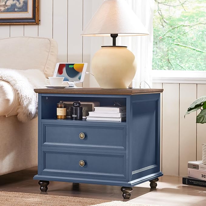 24" Wide Farmhouse Nightstand with Charging Station, End Table with 2 Drawers, Blue Wood Dresser for Bedroom Cabinet, Bed Side Table Chest of Drawers, Night Stand for Living Room, Closet