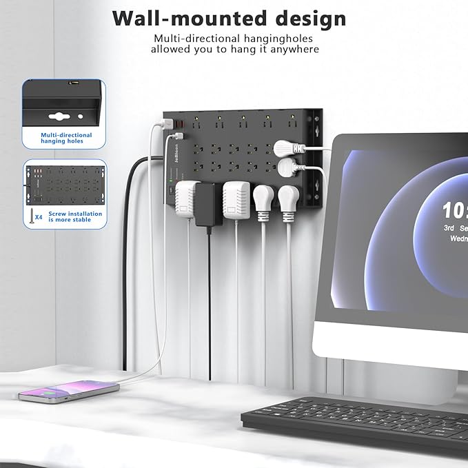 22 Outlets & 6 USB Big Power Strip, Jcblaon Surge Protector with 3USB C & 3USB A Charging Ports, 6.5ft Flat Plug Heavy Duty Extension Cord(1875W/15A),2100J, 14AWG,Wall Mountable for Garden,Shed, Black