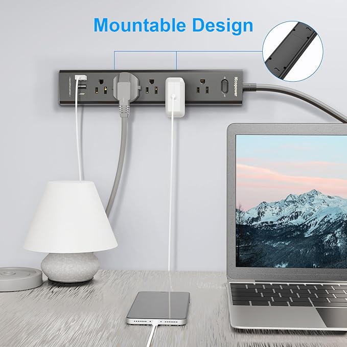 10FT Long Surge Protector Power Strip-with 5 Widely Outlets and 3 USB Ports(1 USB C Port),10 Foot Extension Cord(1250W/10A),Wall Mount for Home Office,700 J,Black(2 Pack)