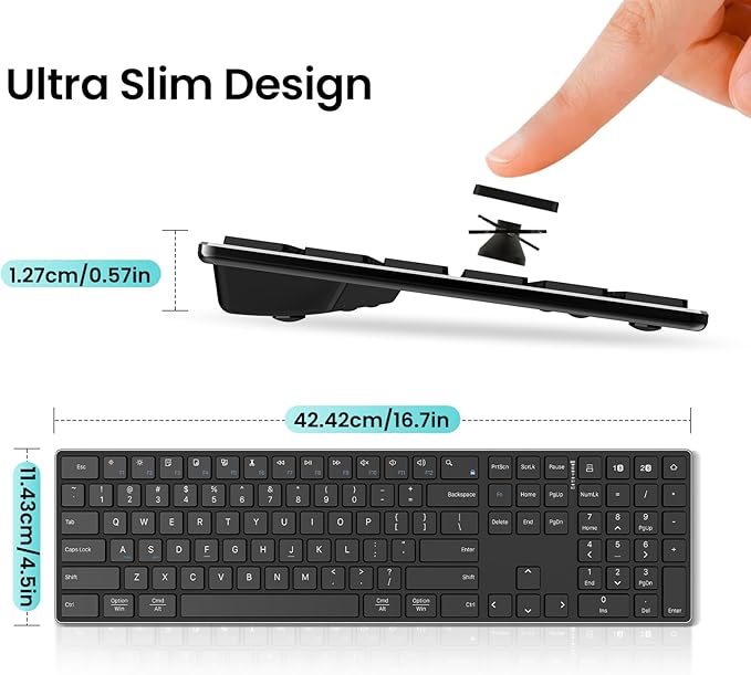 2.4G Wireless and Bluetooth Keyboard with Numeric Keypad, Multi-Device, Rechargeable, Compatible with Mac, Windows (Black)