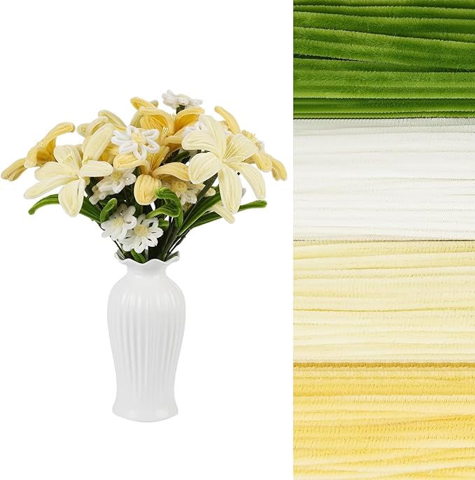 400 Pcs Pipe Cleaners Craft Set,4 Colors Chenille Stems Bulk with Floral Wires, Gardening Tape,Hot Glue Stick,Greeting Card,Bouquet Paper, Stamen & Ribbon, Flowers Craft kit for DIY Handmade Bouquet