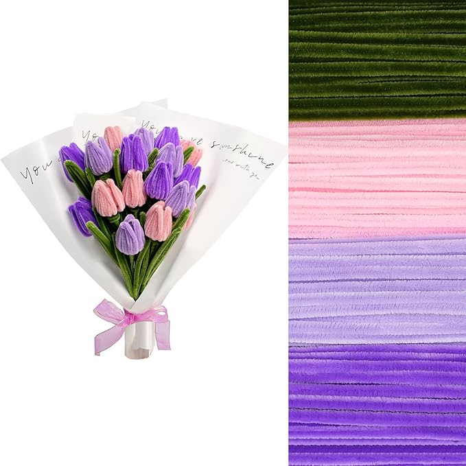 400 Pcs Chenille Stems Flowers Craft Kit,4 Colors Pipe Cleaners Bulk for DIY Floral Arrangements with Floral Wires, Gardening Tape,Hot Glue Stick,Greeting Card,Bouquet Paper, Stamen & Ribbon