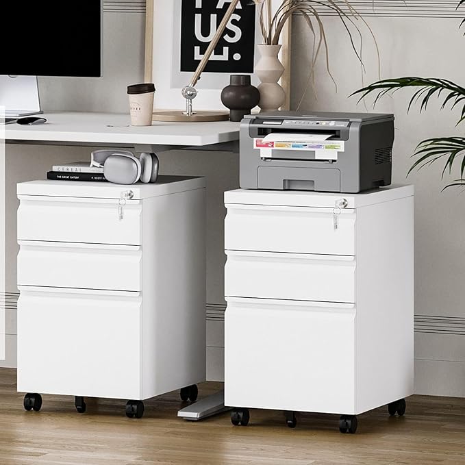 3 Drawer File Cabinet with Lock, File Cabinets for Home Office,Under Desk Cabinet, Locking File Cabinet for A4/Letter/Legal, Fully Assembled Expect Casters, Matte White