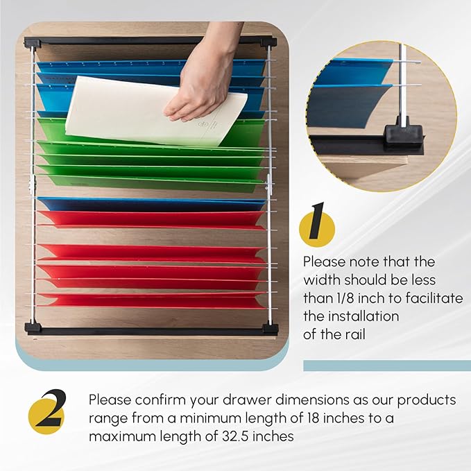 12 Pcs Metal Adjustable File Cabinet Rails Set Include 8 Hanging File Rail Clips 4 Cabinet Dividers Bars Suitable for Cabinets with Drawer Thickness Less Than 1/8 Inch(Silver,18-32.5 Inch)