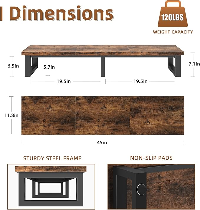 45" Large TV Riser for 32-60 inch TV, TV Riser Stand Shelf with Steel Legs,Tabletop TV Stand Riser for Home Office,Rustic Brown