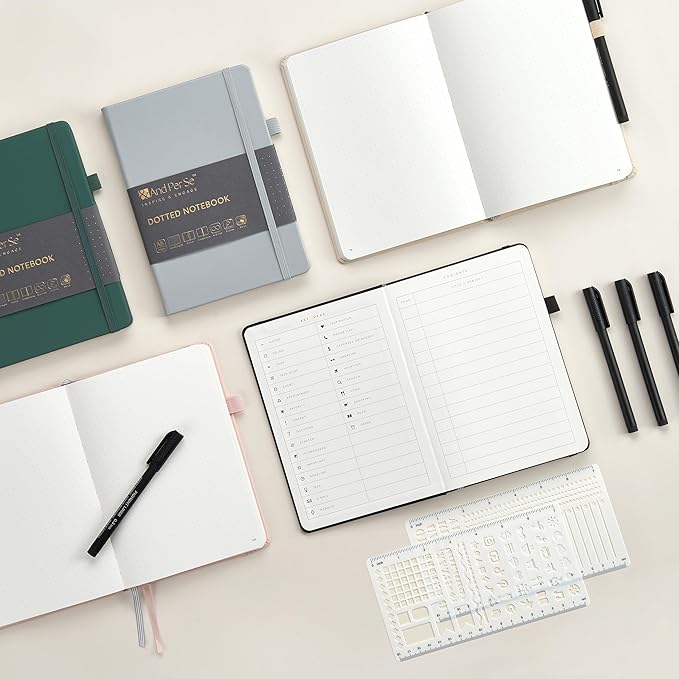 &And Per Se Bullet Dotted Journal Notebook, A5 Leather Hardcover, 176 Numbered Pages 100GSM Thick Dotted Paper, 2 Sheets of Stencils Included - 5.7'' x 8'' (Light Apricot)