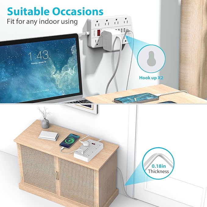 10ft Extension Cord Long Power Strip,AOFO 8 Widely-Spaced Outlets & 6 USB Ports Flat Plug Power Strip,Power Cord for Wall Mountable and Desktop White