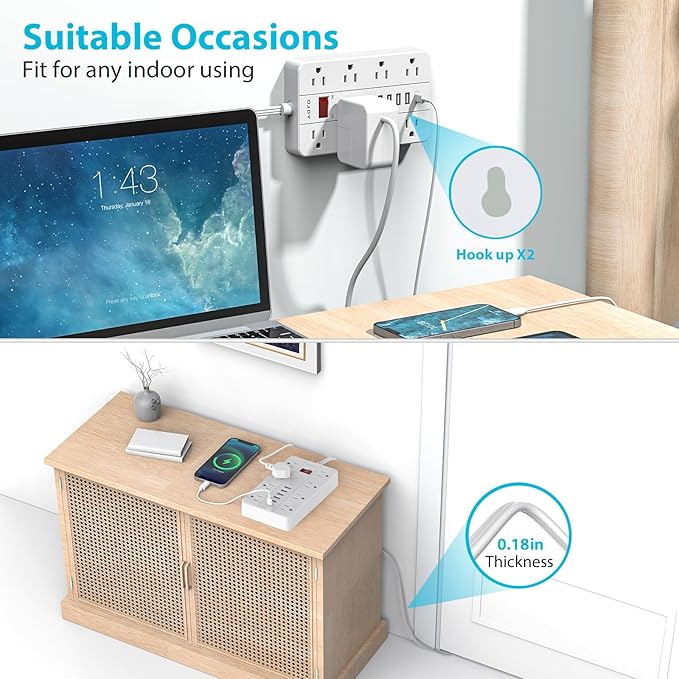 15ft Extension Cord Long Power Strip,AOFO 8 Widely-Spaced Outlets & 6 USB Ports Flat Plug Power Strip,Power Cord for Wall Mountable and Desktop White