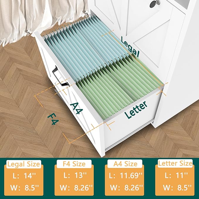 2 Drawer Lateral File Cabinet with Charging Station, Wood Filing Cabinet with Lock & LED Light, Large Storage Printer Stand for Home Office, White