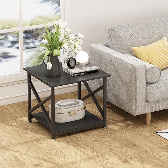 2 Tier Large Printer Stand, 23.6 x 23.6 x 22.6 Inches Square Printer Table with Storage Shelf, Rolling Printer Cart with Industrial Wheels for Home Office, Mini Fridge Stand Table - Black