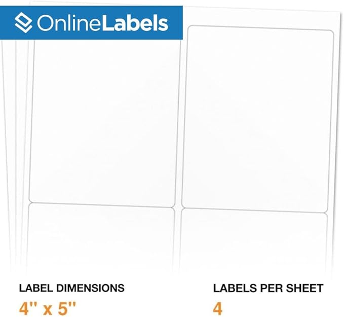 4 x 5 Rectangle Mailing Labels - Permanent, White Matte - Shipping, Wine, Product - Pack of 8,000-2,000 Sheets - Inkjet/Laser Printers - Online Labels