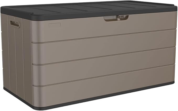 Premium Pro Edition 100 Gallon Lockable Resin Deck Box, Waterproof & UV-Resistant Outdoor Storage Box for Outdoor Cushion Storage, Garden Tools & Pool Accessories Storage, Brown
