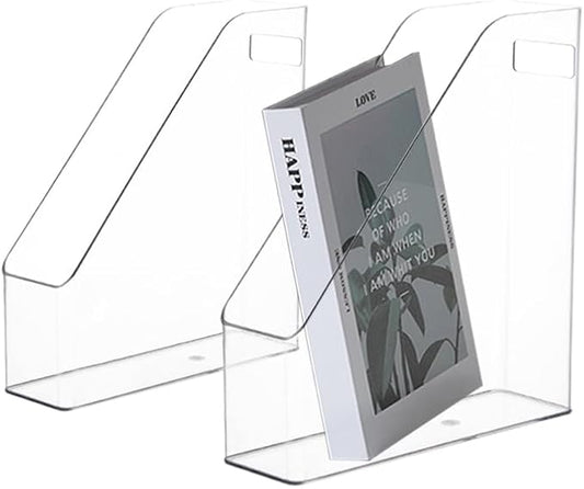 2 Pack Clear Acrylic Magazine File Holder Plastic Desk Organizer with Handle, Acrylic Vertical File Folder Bin Storage File Folders Magazine Rack Document Storage Organizer for Home Office