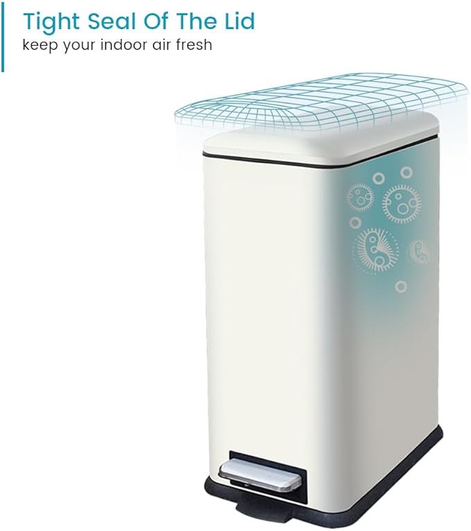 12 Gallon Slim Kitchen Trash Can, Rectangular Trash Can with Removal Inner Bucket and Soft-Close Lid, Foot Pedal, Stainless Steel Garbage Can 45 Liter, White