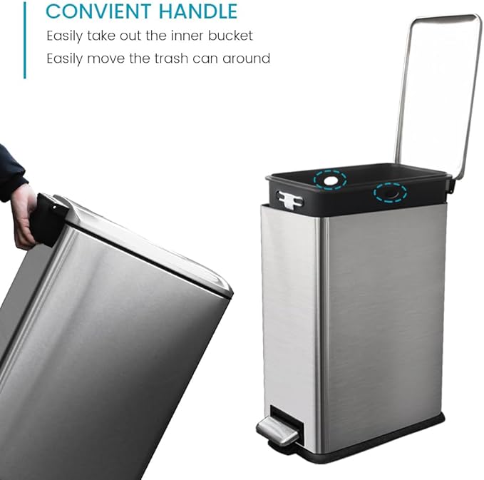 16.7L/ 4.4 Gallon Rectangular Slim Kitchen Trash Can with Removable Inner Bucket, Soft Close lid, Stainless Steel Step Pedal Garbage Can for Bathroom, Kitchen, Home Office, Brushed Silver