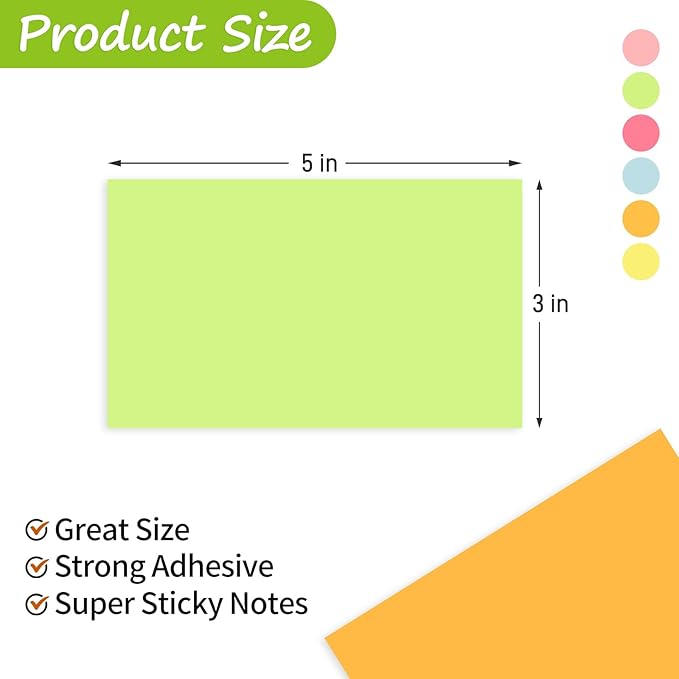 3 in x 5 in Large Sticky Notes, 76 x 127 mm 6 Pads Assorted Self-Stick Pads for Notebook,Office,School and Home,80 Sheets/Pad (24 Pads Brillant)