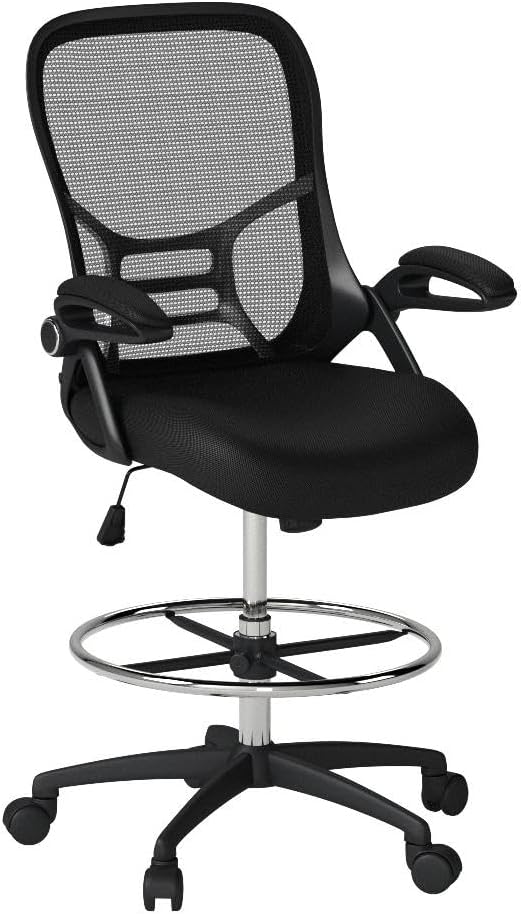 HYLONE Drafting Chair Tall Office Chair High-Back Mesh Standing Desk Stool with Adjustable Footrest Ring and Flip-Up Arms (Black)