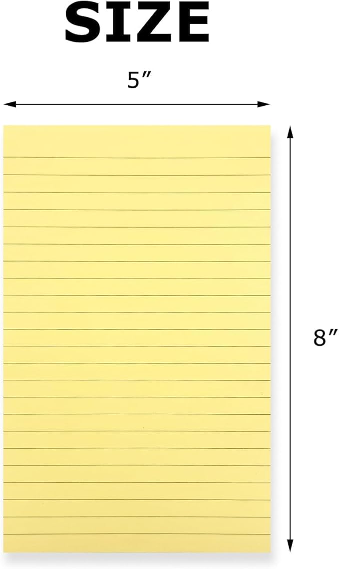2 Pads Lined Sticky Notes 5 x 8 in, Pastel Yellow, Large Sticky Notes with Lines, Yellow Sticky Note Pads for Home, Office, School, 50 Sheets/Pad, 100 Sheets Total, 4A 5082-Y-L