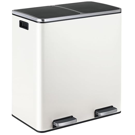 16 Gallon Rectangular Stainless Steel Trash Can, Dual Compartment Garbage Bin with Recycling Combo, Metal Dustbin Lid, Removable Liner, Indoor Hands Free Waste Bucket for Kitchen Home