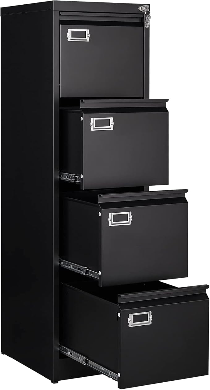 4 Drawer File Cabinet, Filing Cabinets for Home Office, Metal Vertical File Storage Cabinet with Lock, Locking File Cabinet for A4 Legal/Letter, 15" W x 17.7" D x 50.1" H, Assembly Required