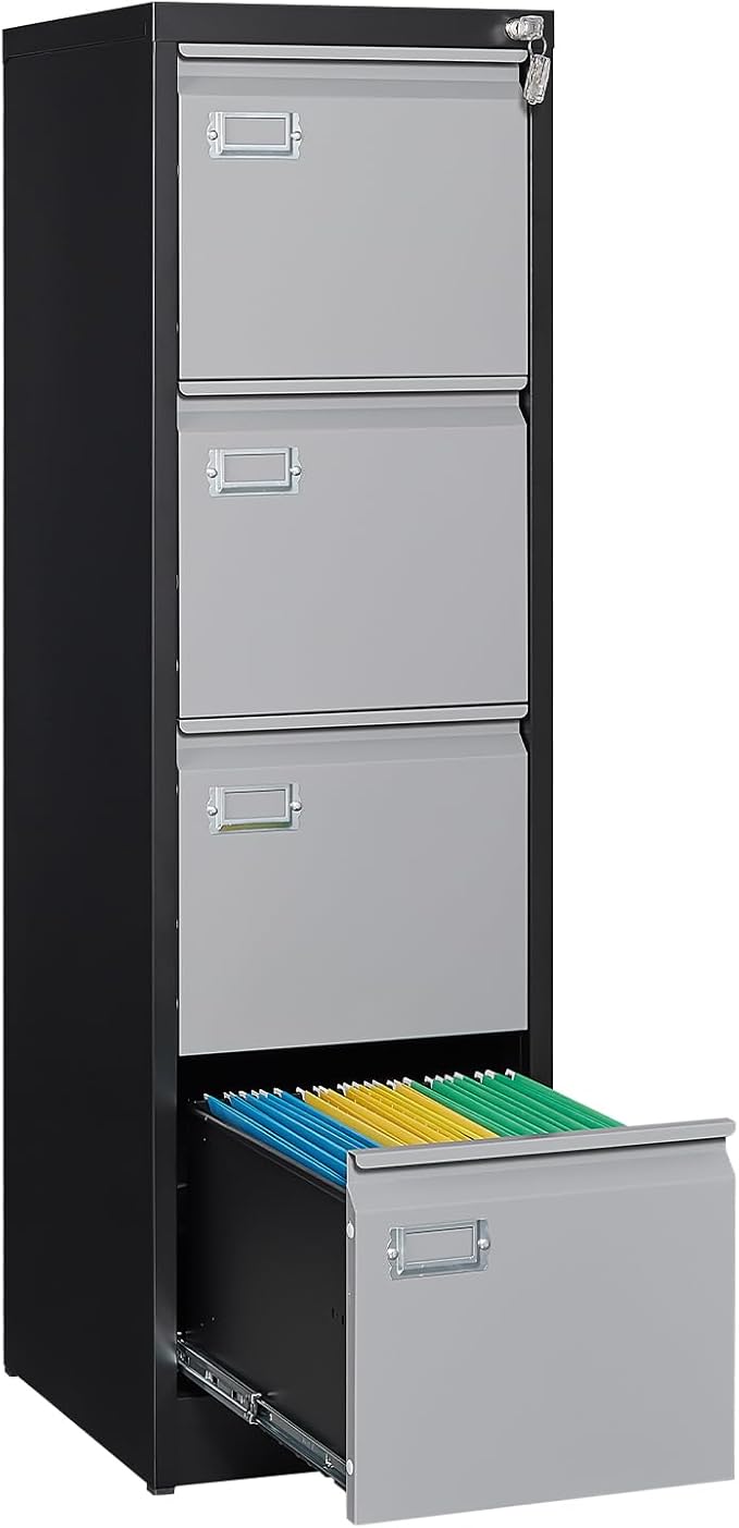 4 Drawer File Cabinet, Filing Cabinets for Home Office, Metal Vertical File Storage Cabinet with Lock, Locking File Cabinet for A4 Legal/Letter, 15" W x 17.7" D x 50.1" H, Assembly Required