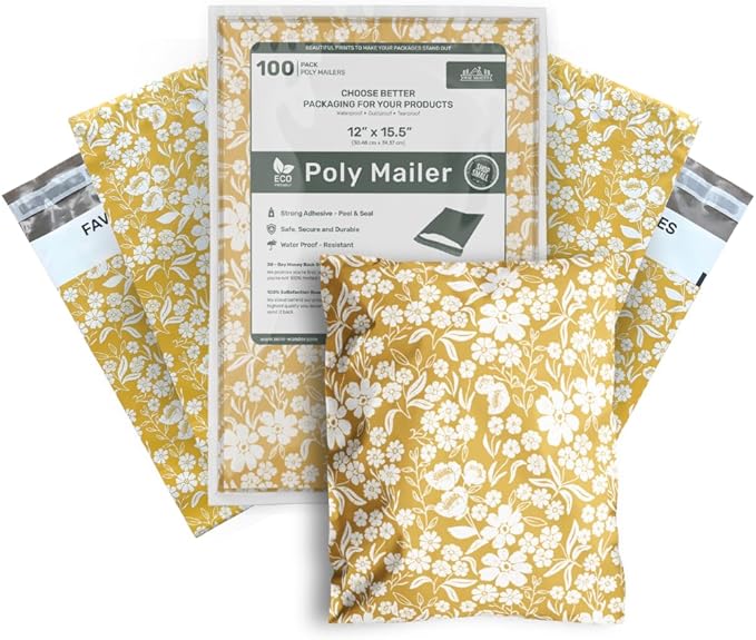12x15.5 Poly Mailer Envelopes 100 Pcs Large-Sized Colored Designer Shipping Bags For Clothing Cute Mailers Unpadded Self-Sealing Packaging Recyclable Eco-Friendly (Yellow Floral) Mini Wander