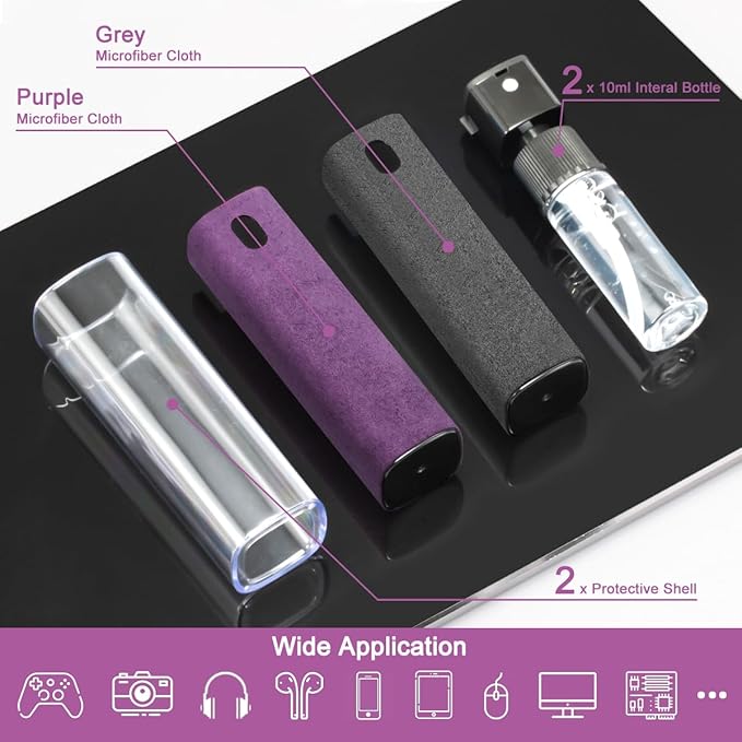 2Pcs Laptop Screen Monitor Cleaner Spray, walrfid Portable Phone Touchscreen and Car Screen Cleaning Kit for Cell Phones, Tablet, PC, Computer, iPhone, iPad, MacBook Pro - Grey and Purple