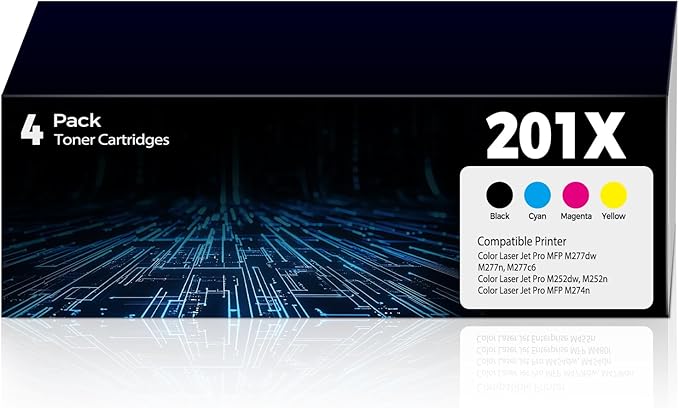 201X Toner Cartridges Replacement for HP 201X 201A HP201X 4 Pack for Color Laser Jet Pro MFP M277dw M252dw Toner Cartridges for Color Laser Jet Pro MFP M277c6 M277n M252n, Black Cyan Magenta Yellow