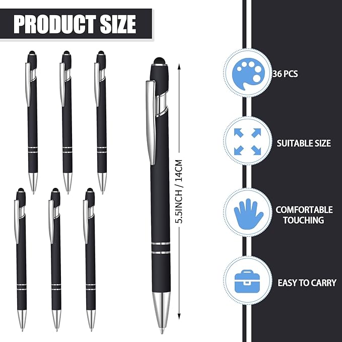 36 Pcs Blue Ink Ballpoint Pen with Stylus 2 in 1 Ballpoint Pen for Touch Screens School Office Coworkers (Black)