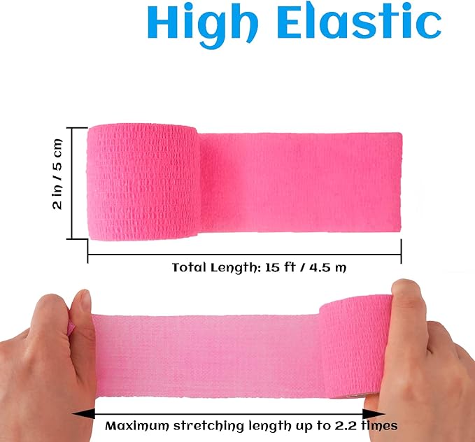 24 Rolls Pink Elastic Self Adhesive Bandage Wrap, Breathable Flexible Fabric Non Woven Cohesive Bandage, Ankle Sprains Swelling Medical First Aid Sports Athletic Tape, Dogs Pet Vet Wrap 2 in x 5 Yards
