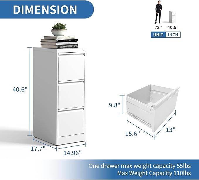 3 Drawer File Cabinet with Lock,Metal Vertical Filing Cabinets for Home Office,Heavy Duty File Storage Cabinet for Letter/Legal/A4/F4 Size File,Assembly Require (White, Vertical 3 Drawer)
