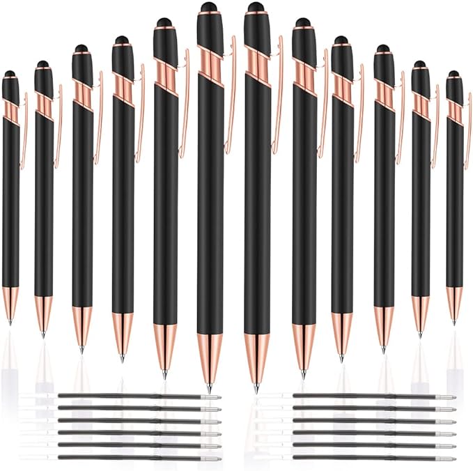 12 PCS 2 in 1 Stylus Ballpoint Pen with Stylus Tip, 1.0 mm Black Ink Metal Pen Stylus Pen for Touch Screens (Rose Gold & Black)