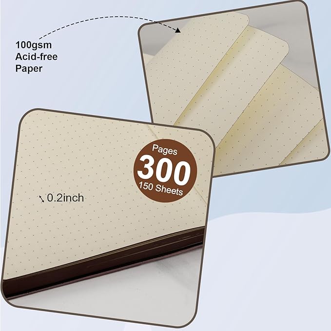 300 Pages Leather Dotted Journal Notebook,Softcover Leather Dotted Journal Notebook for Women Men,300 Pages Notebook for Travel,Business,Work,Office,School Note Taking,5.7'' X 8.3'',brown