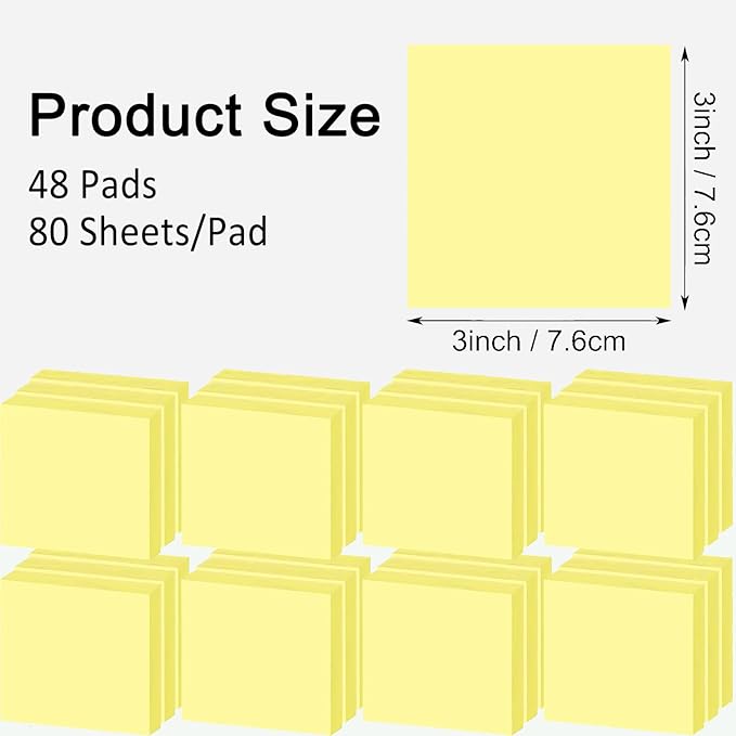 48 Pack 3840 Sheets Pop Up Sticky Notes 3X3 in Bright Color Self Sticky Note Pads Colorful Post Stickies for Office Home School Meeting, 80 Sheets/pad, Yellow