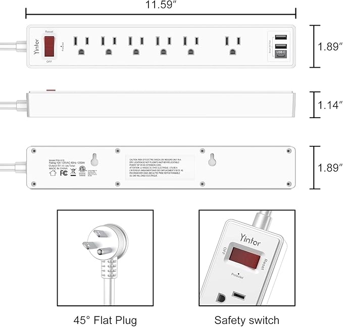 20Ft Power Strip Surge Protector - Yintar Extension Cord with 6 AC Outlets and 3 USB Ports for Home, Office, Dorm Essentials, 1680 Joules, ETL Listed, White
