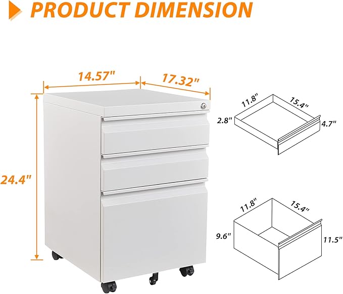 3 Drawer File Cabinet with Wheels, Metal Filing Cabinet with Lock, Office Rolling File Cabinets for A4/Legal/Letter Size, Assembly Required, White