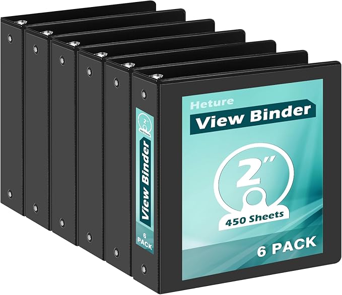 3 Ring Binder 2 Inch 6 Pack,2" Clear View with Round Rings, PVC-Free,Holds for 450 Sheets 8.5X 11 US Letter Size Paper, Durable Black Binders Perfect for Office,School and Home