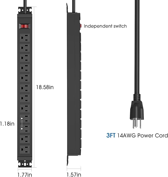 2Pack Rotating Mountable Power Strip, 12 Outlet Wall Mount Surge Protector, Metal Heavy Duty and Versatile Outlet Strip, Stylish Appearance, Sturdy and Durable, 3ft Power Cord.(Black)
