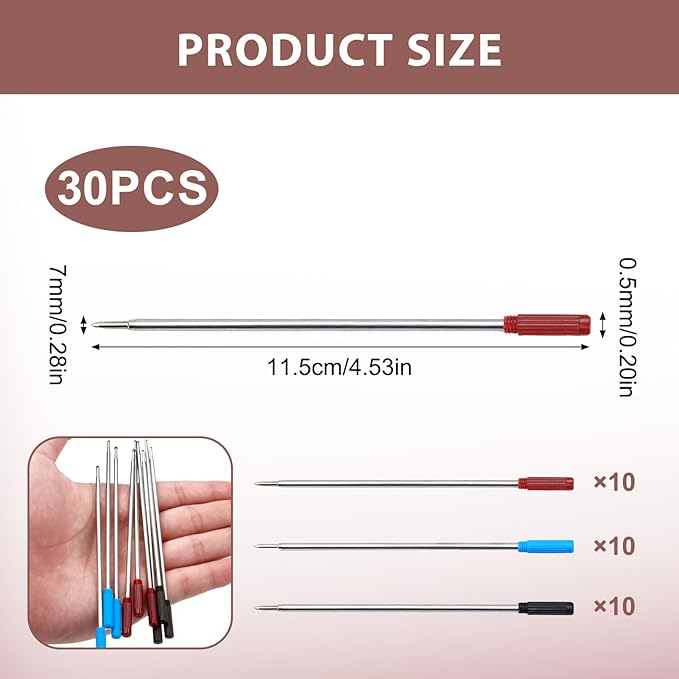 0.7 mm Ballpoint Ink Twist Pen Refills, 15 Pcs Medium Point Metal Smooth Writing Replaceable Ink Refill, Stationery Compatible for Cross Ballpoint Replacement (4.6in M) (Black+Red+Blue, 30)