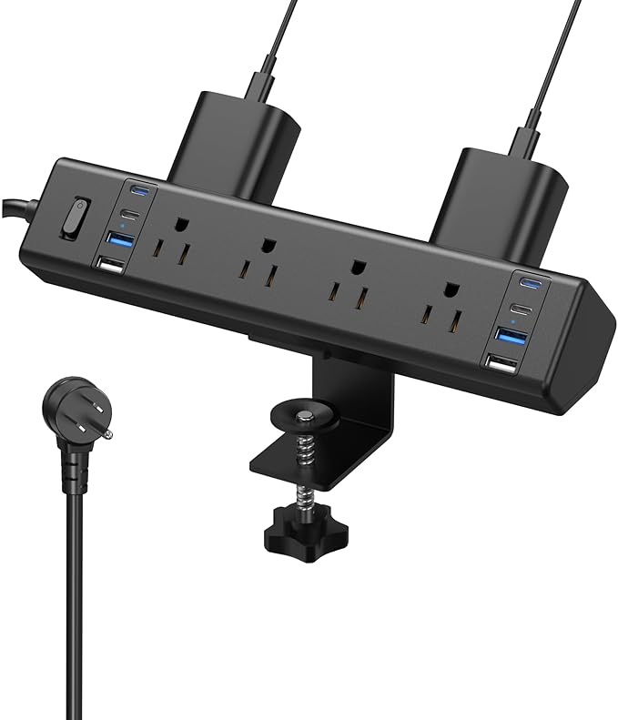 40W Fast Charging Station,Desk Clamp Power Strip,4 USB-C Ports & 8 AC Outlets,Desktop Edge Mount Surge Protector Power Strip,14AWG Heavy Duty Cord,Fit 1.9" Tabletop Edge for Home Office(10Ft Cable)