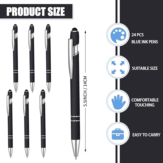 24 Pcs Blue Ink Ballpoint Pen with Stylus Tip 2 in 1 Ballpoint Pen 1.0 mm Blue Ink Metal Stylus Pen for Touch Screens Coworkers, Family, Colleagues, Office (Black)