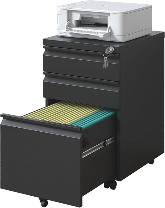 3 Drawer Mobile File Cabinet, Filing Cabinet Home Office for Letter, Legal Size, Fully Assembled Under Desk File Cabinet, Black