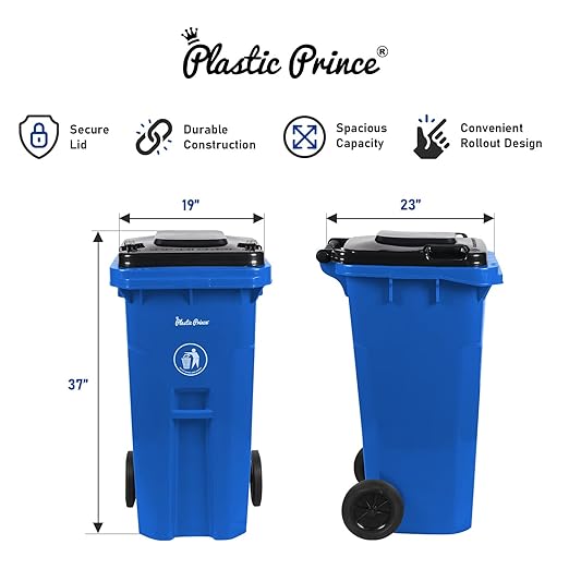 32 Gallon Recycling Rollout Trash Can with Lid, Commercial Heavy-Duty Wheeled Outdoor Garbage Can, Blue 2 Pack