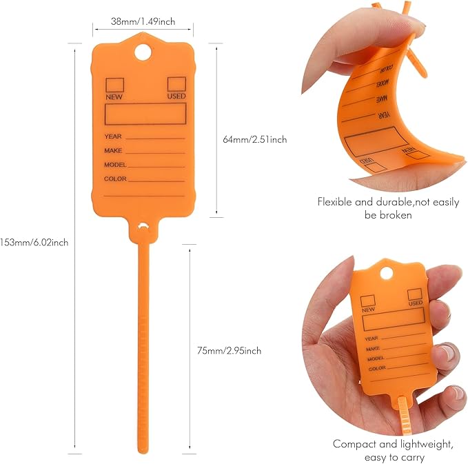 100 Car Key Tags with Labels Plastic Car Dealership Key Tags Self Locking Automotive Identifiers Blank Shop Labels with One Pen (Orange)