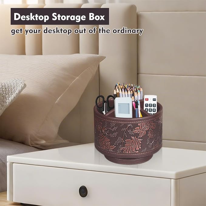 360° Rotating Pen Holder for Desk, Leather Pencil Pen Organizer Remote Control Holder Table Desktop Nightstand Organizer Caddy Storage, Office Desk Organizers And Accessories 5.5x5.5x4.0 Inch