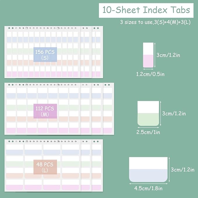 316 PCS Index Tabs, 10 Sheets, 3 Sizes Divider Tabs Stickers, Self Adhesive Book Tabs, Page Marker Bookmark, Writable Tab Flags